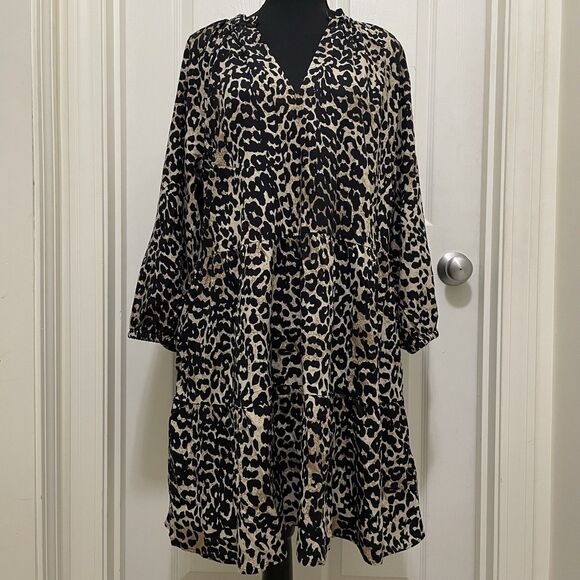 NEW The Drop Caralyn Mirand Leopard Print Mini Dress 3/4 Sleeve Womens Large‎ XL - Picture 1 of 10